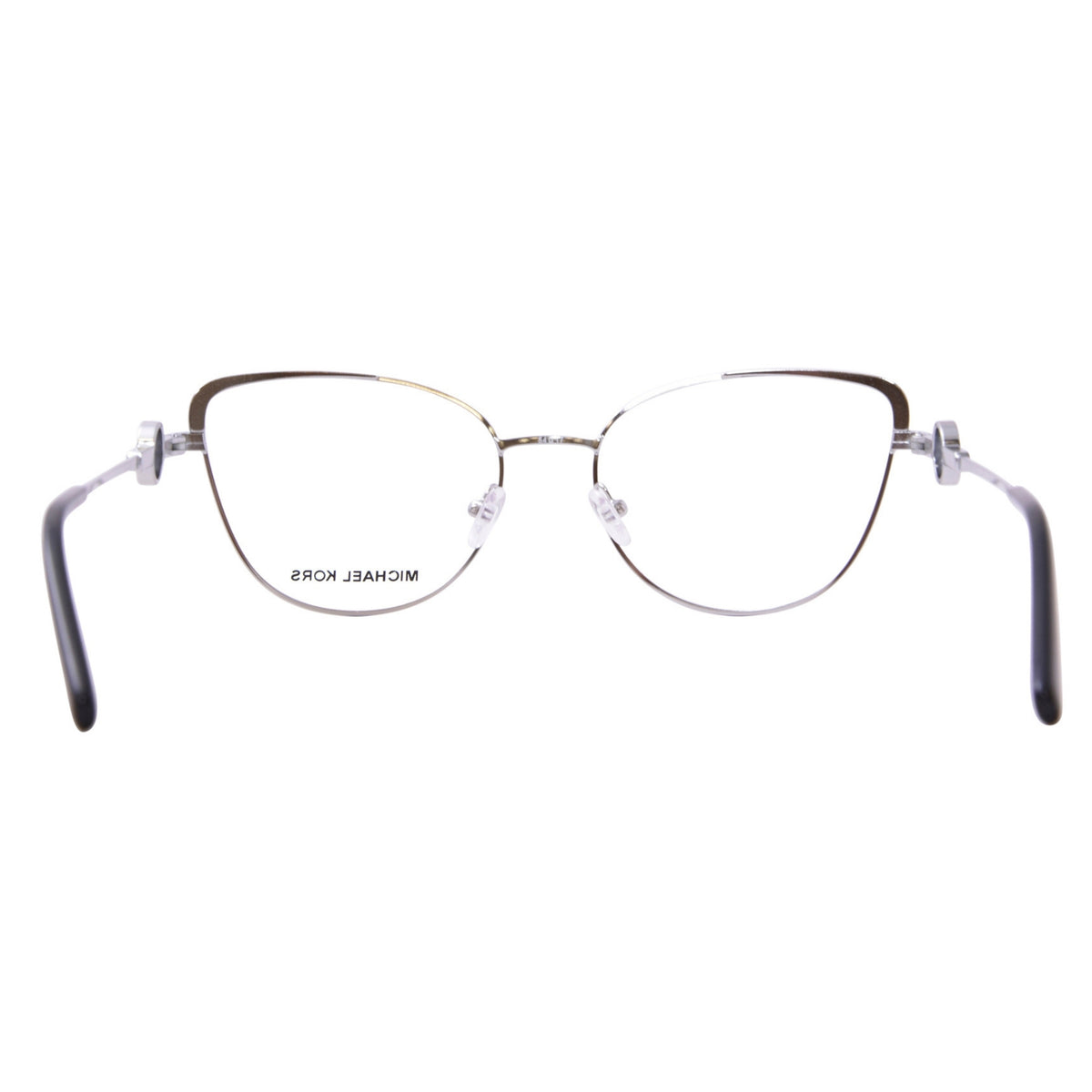 Michael Kors MK3058B silver cat-eye eyeglasses, back view of the frame and temples