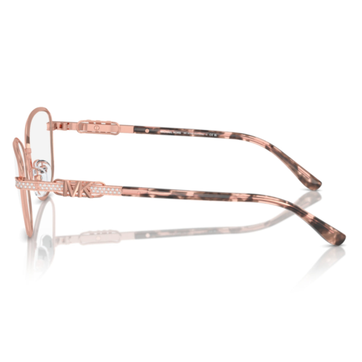 Michael Kors MK3076B rose gold cat-eye eyeglasses, side view of the rose gold temple