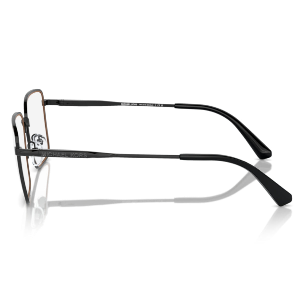 Michael Kors MK3079 shiny black rectangle eyeglasses, side view of the shiny black temple