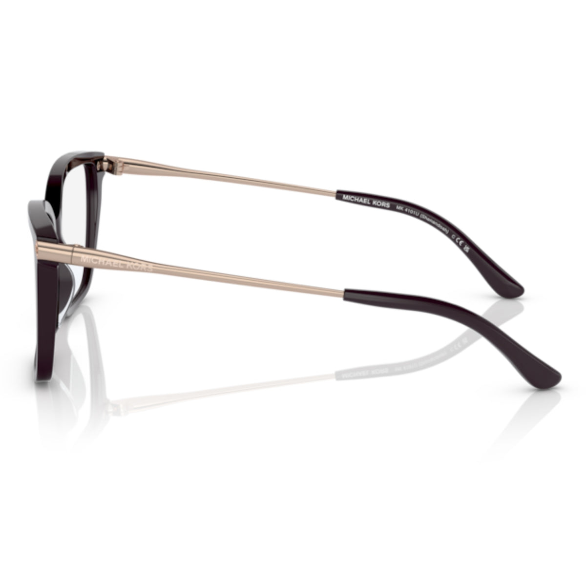 Michael Kors MK4101U cordovan square eyeglasses, side view of the rose gold temple