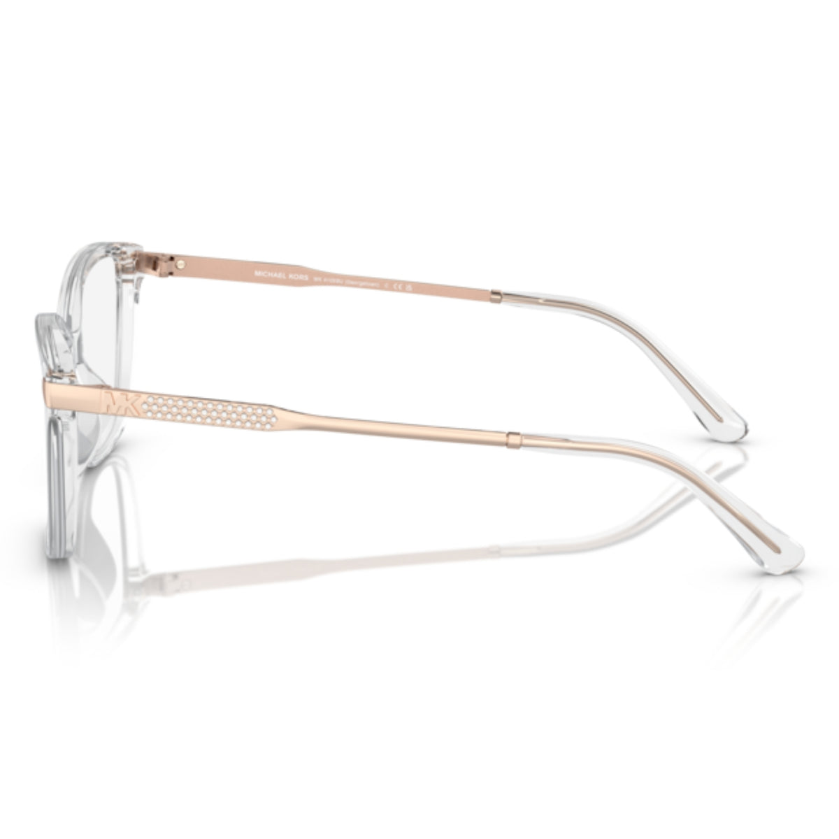 Michael Kors MK4105BU transparent clear cat-eye eyeglasses, side view of the rose gold temple