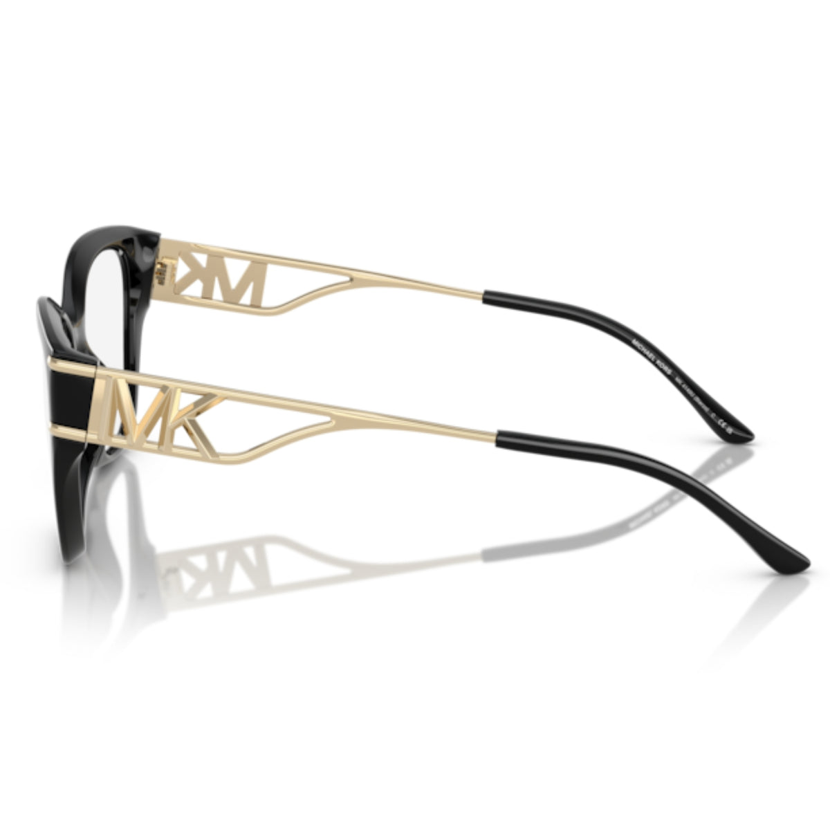 Michael Kors MK4140U black square eyeglasses, side view of the light gold temple