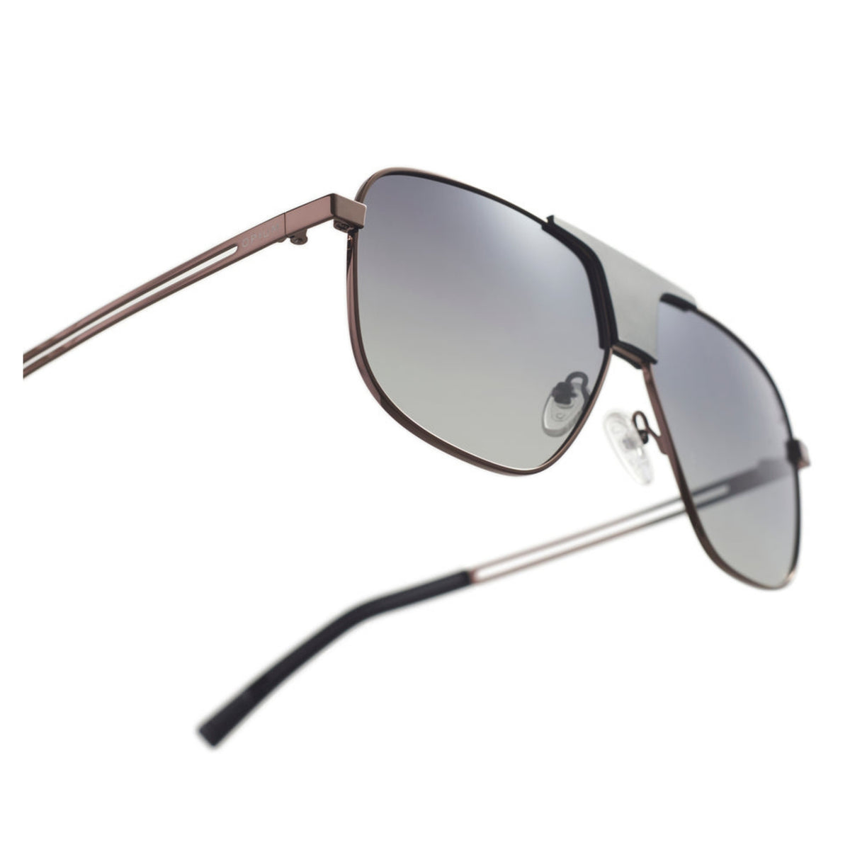 Close-up of the Opium logo on the temple of the OP10131 brown aviator sunglasses