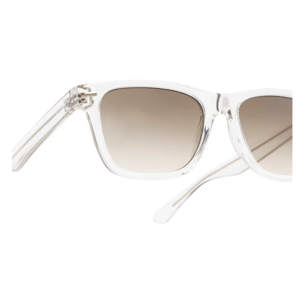Close-up of the Opium logo on the temple of the OP10143 crystal wayfarer sunglasses