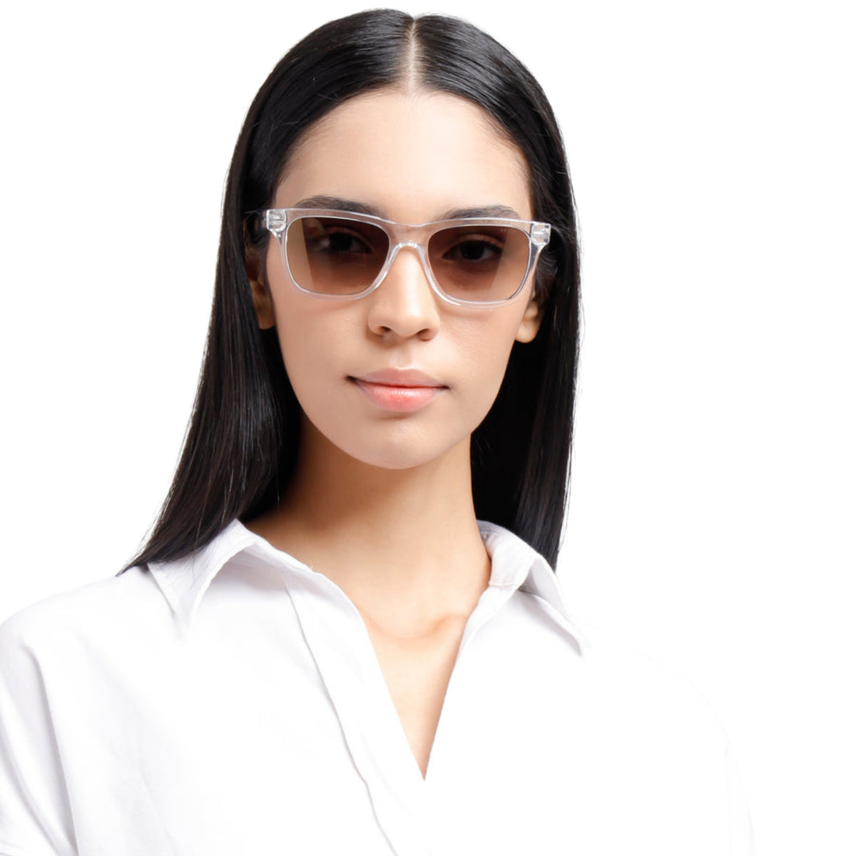 Woman wearing Opium OP10143 crystal wayfarer sunglasses