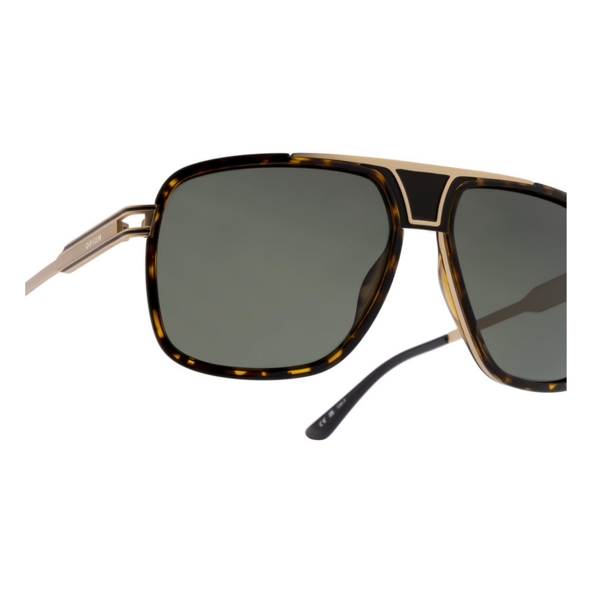 Close-up of the Opium logo on the temple of the OP10171 gold aviator sunglasses