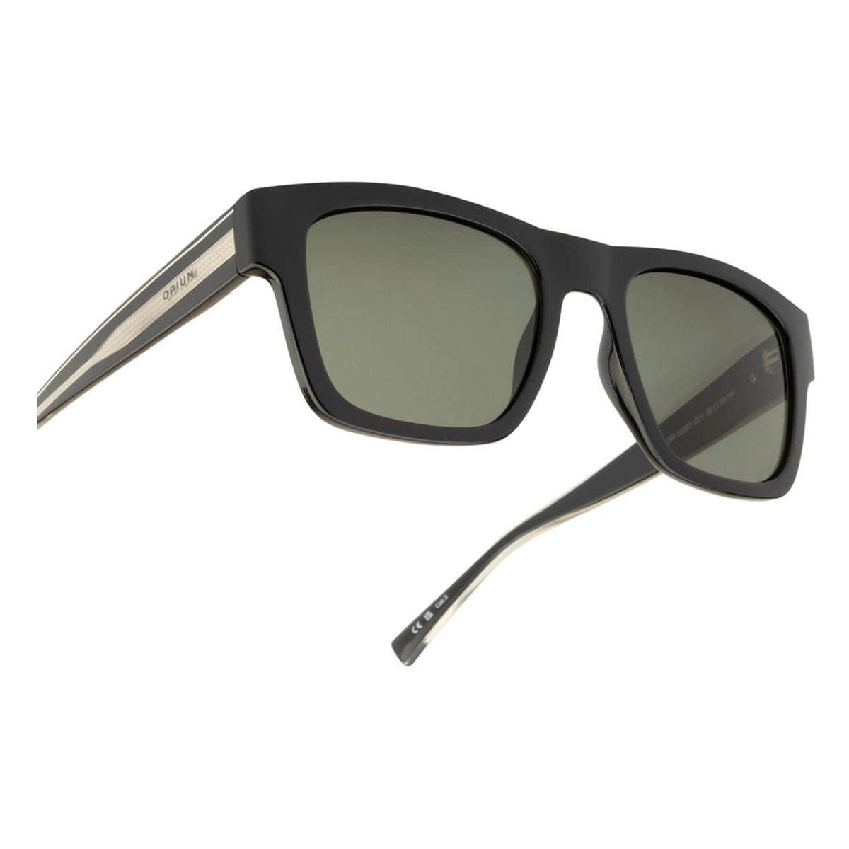 Close-up of the Opium logo on the temple of the OP10267 black wayfarer sunglasses