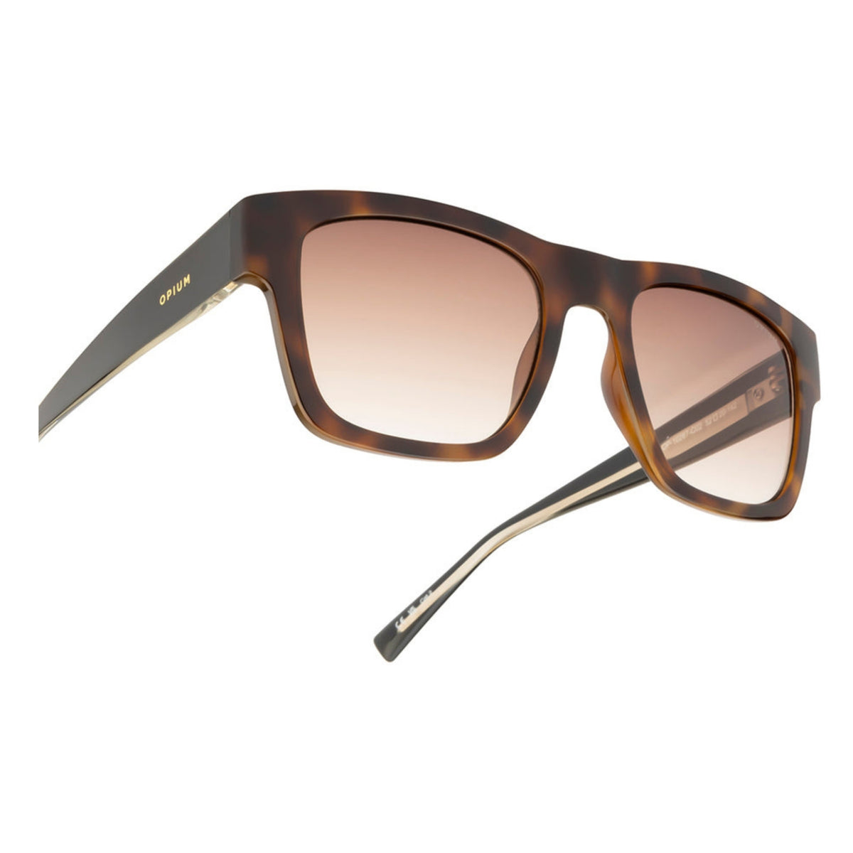 Close-up of the Opium logo on the temple of the OP10267 brown wayfarer sunglasses