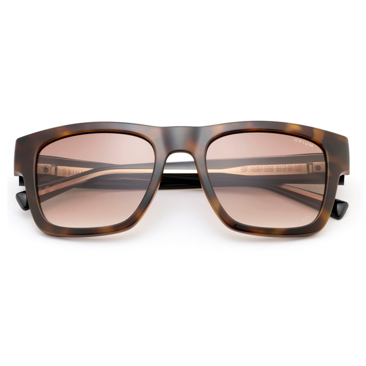 Opium OP10267 brown wayfarer sunglasses, front view with the temples folded