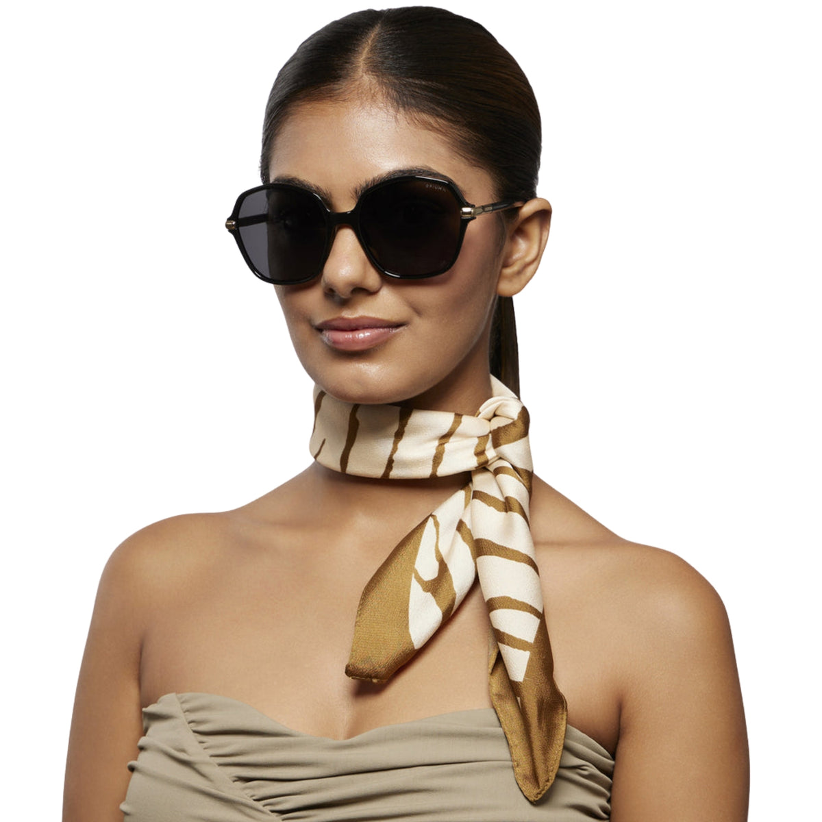 Woman wearing Opium OP10268 black cat-eye sunglasses