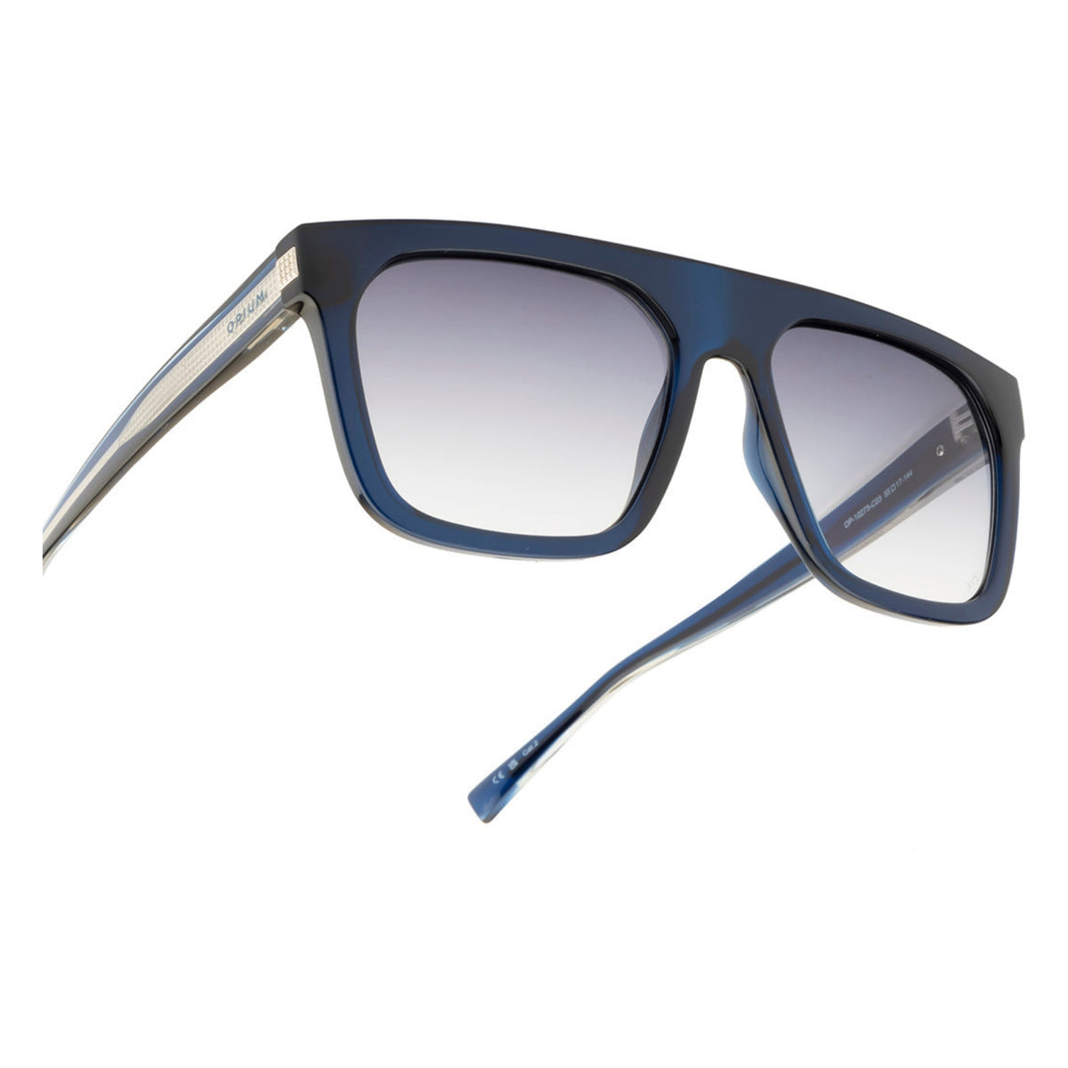 Close-up of the Opium logo on the temple of the OP10275 blue wayfarer sunglasses