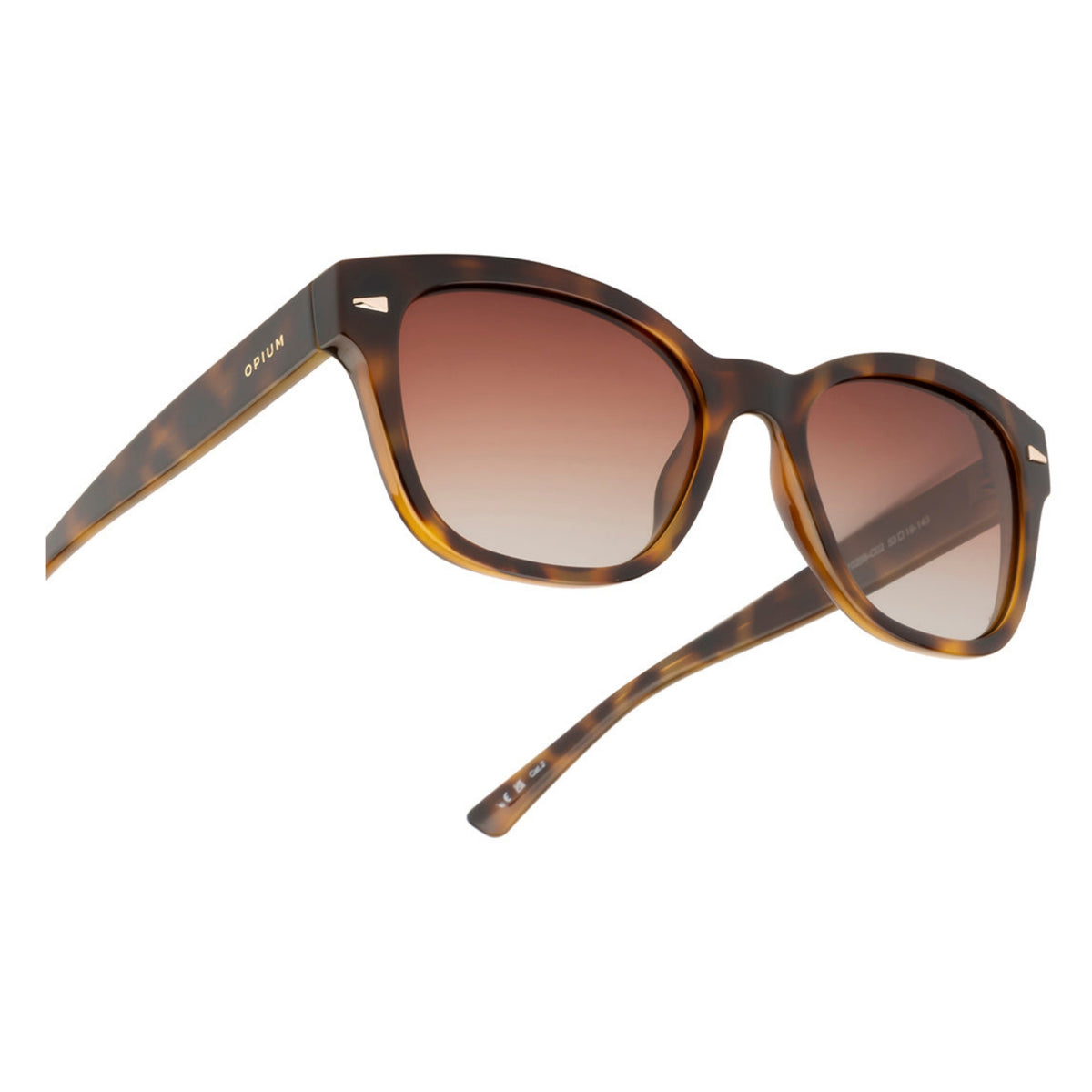 Close-up of the Opium logo on the temple of the OP10298 brown wayfarer sunglasses