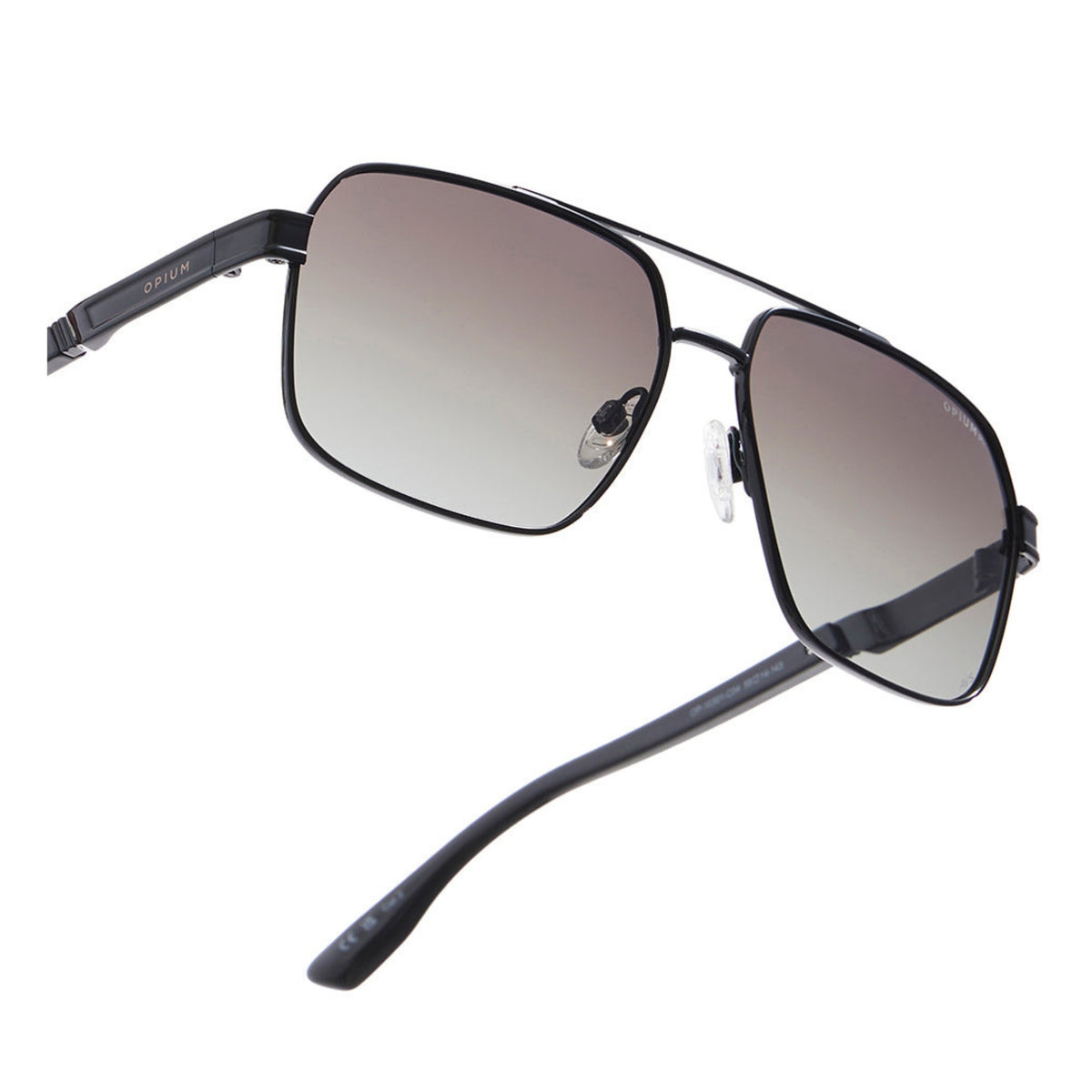 Close-up of the Opium logo on the temple of the OP10301 black aviator sunglasses