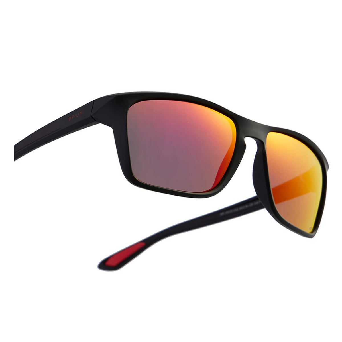 Close-up of the Opium logo on the temple of the OP10315 black sports sunglasses