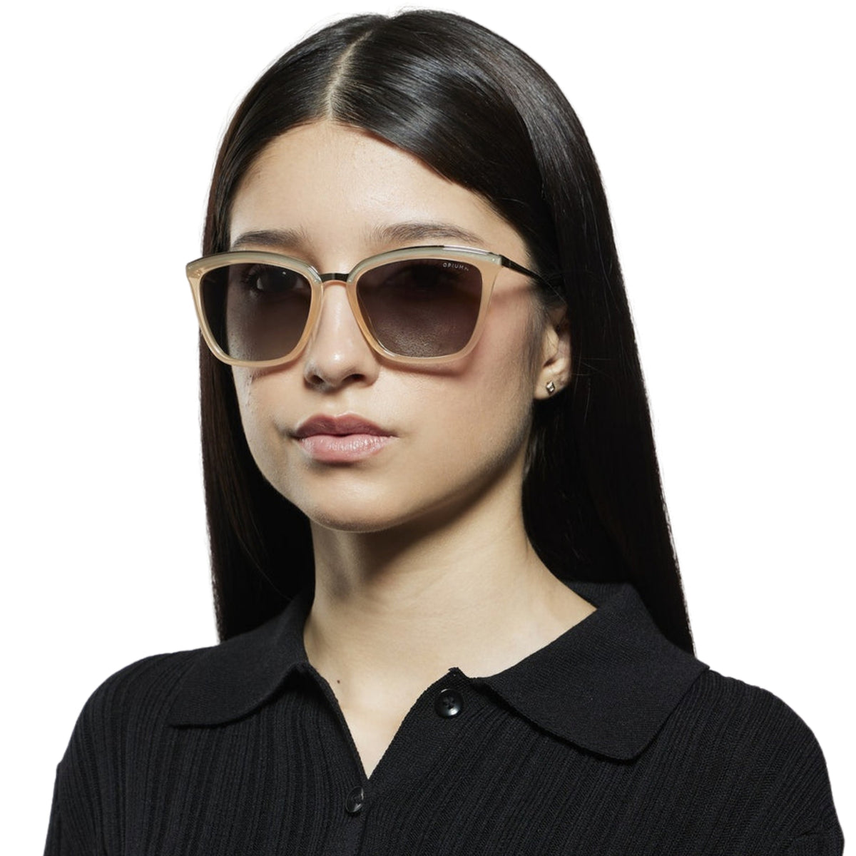 Woman wearing Opium OP10330 gold cat-eye sunglasses