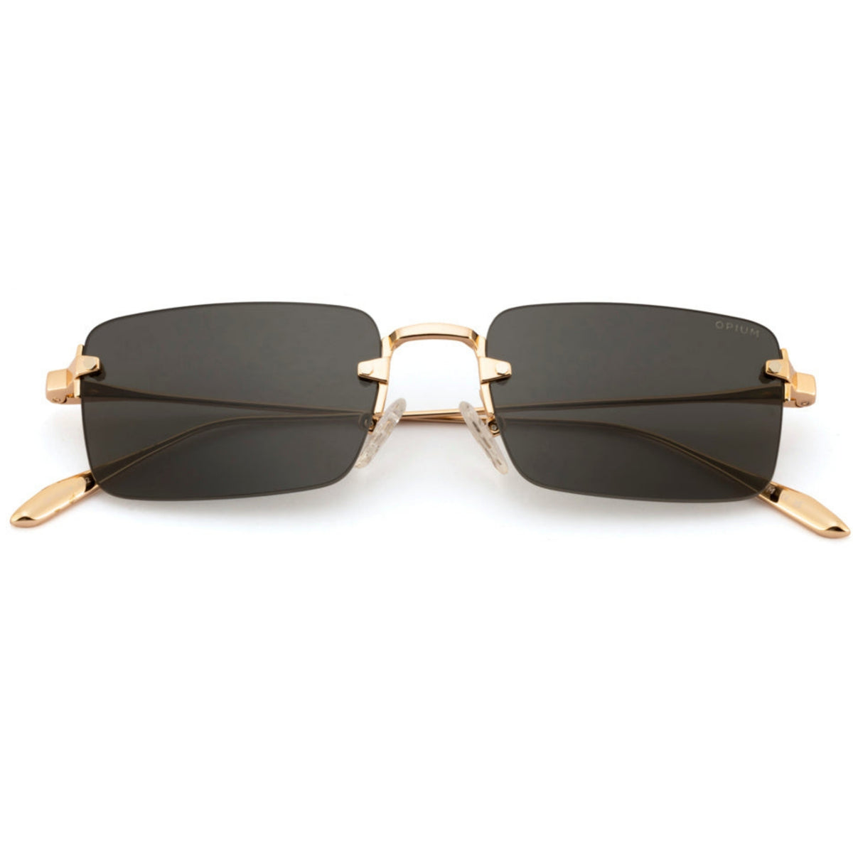 Opium OP10374 gold rimless sunglasses, front view with the temples folded