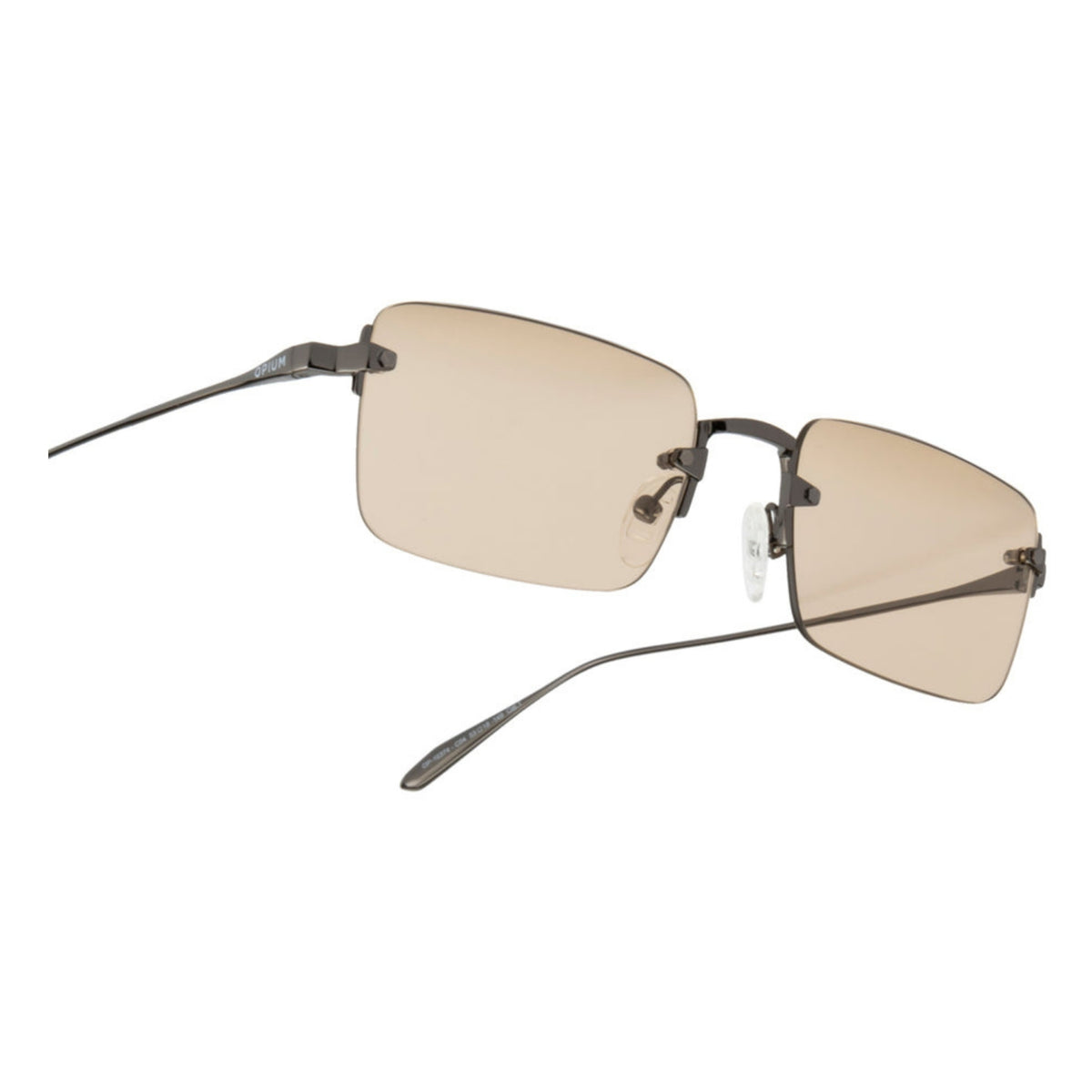 Close-up of the Opium logo on the temple of the OP10374 gunmetal rimless sunglasses