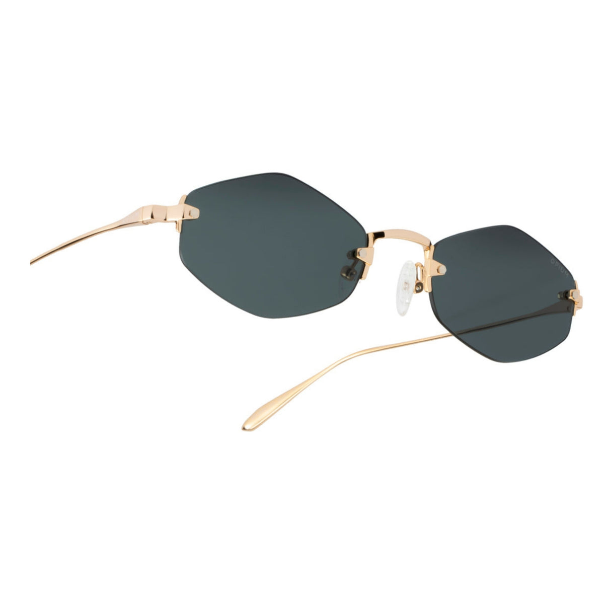 Close-up of the Opium logo on the temple of the OP10375 gold rimless sunglasses