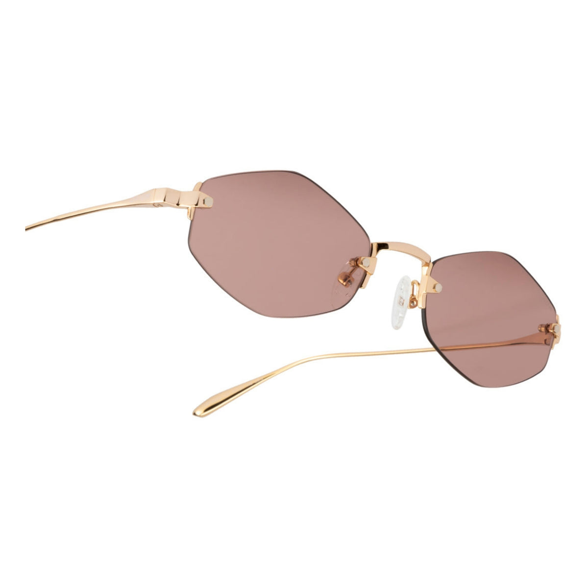 Close-up of the Opium logo on the temple of the OP10375 gold rimless sunglasses