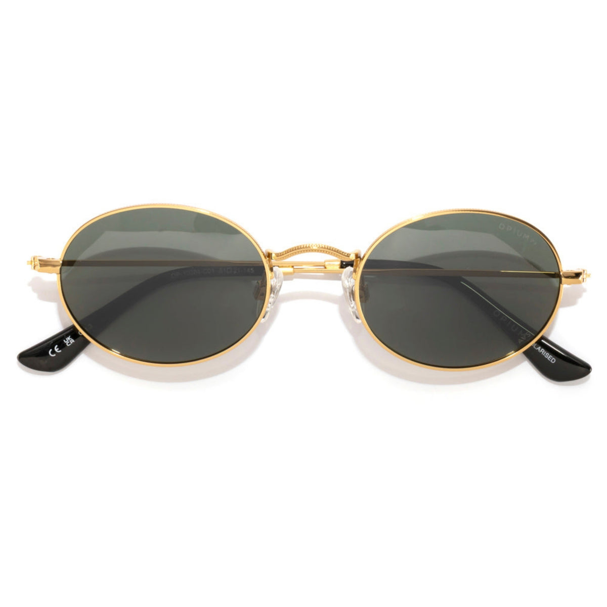 Opium OP10384 gold oval sunglasses, front view with the temples folded