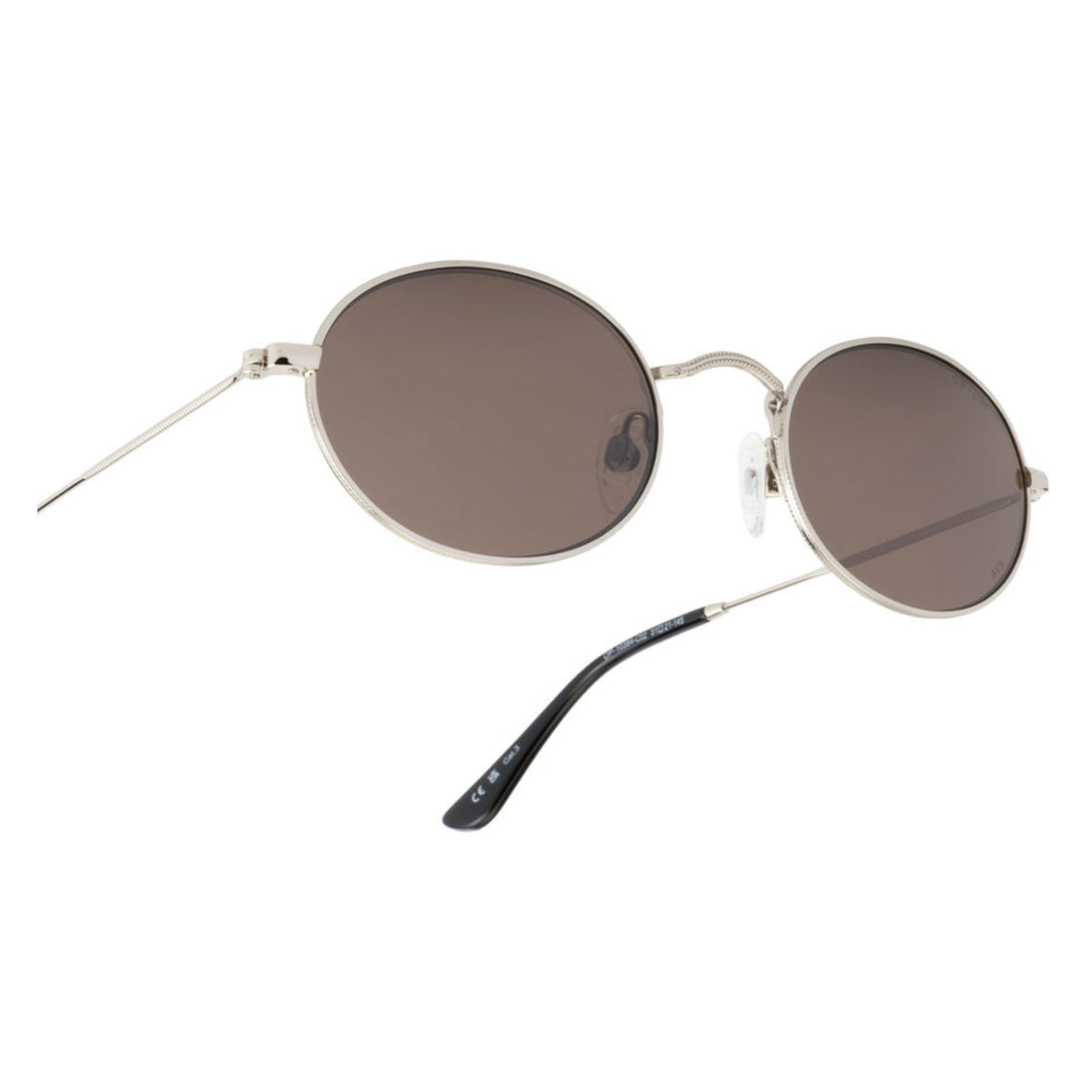 Close-up of the Opium logo on the temple of the OP10384 silver oval sunglasses