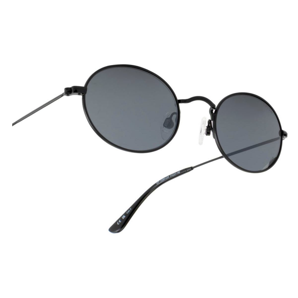 Close-up of the Opium logo on the temple of the OP10384 black oval sunglasses