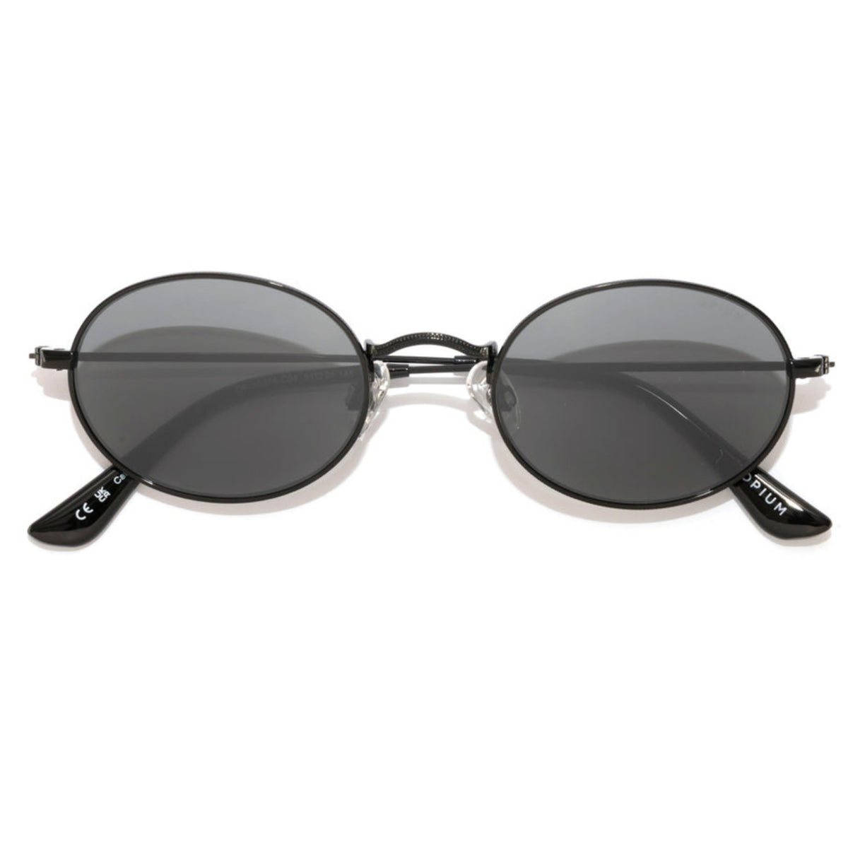 Opium OP10384 black oval sunglasses, front view with the temples folded