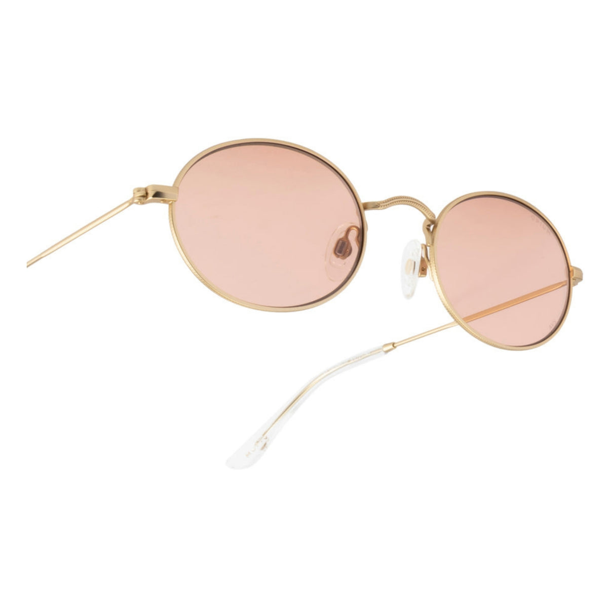 Close-up of the Opium logo on the temple of the OP10384 gold oval sunglasses