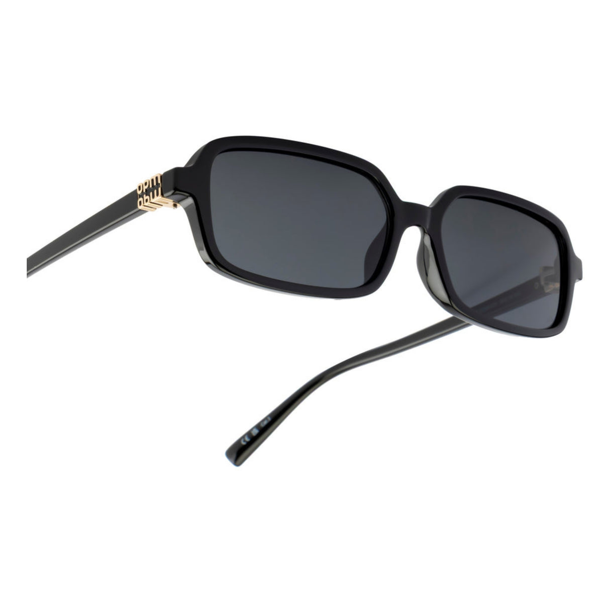 Close-up of the Opium logo on the temple of the OP10390 black rectangle sunglasses