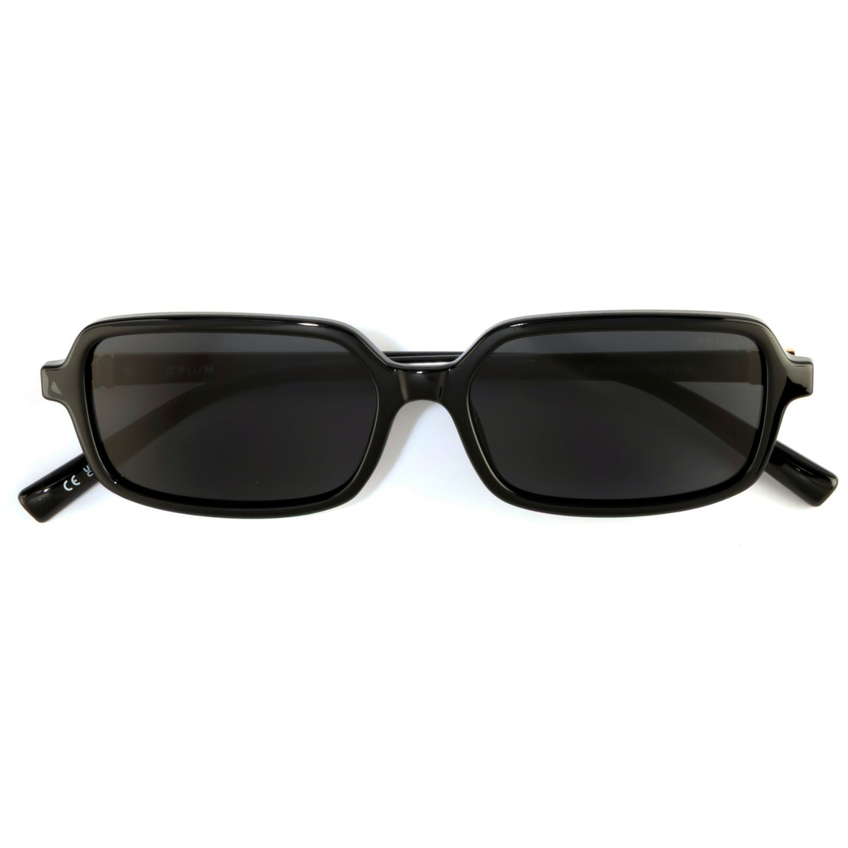 Opium OP10390 black rectangle sunglasses, front view with the temples folded
