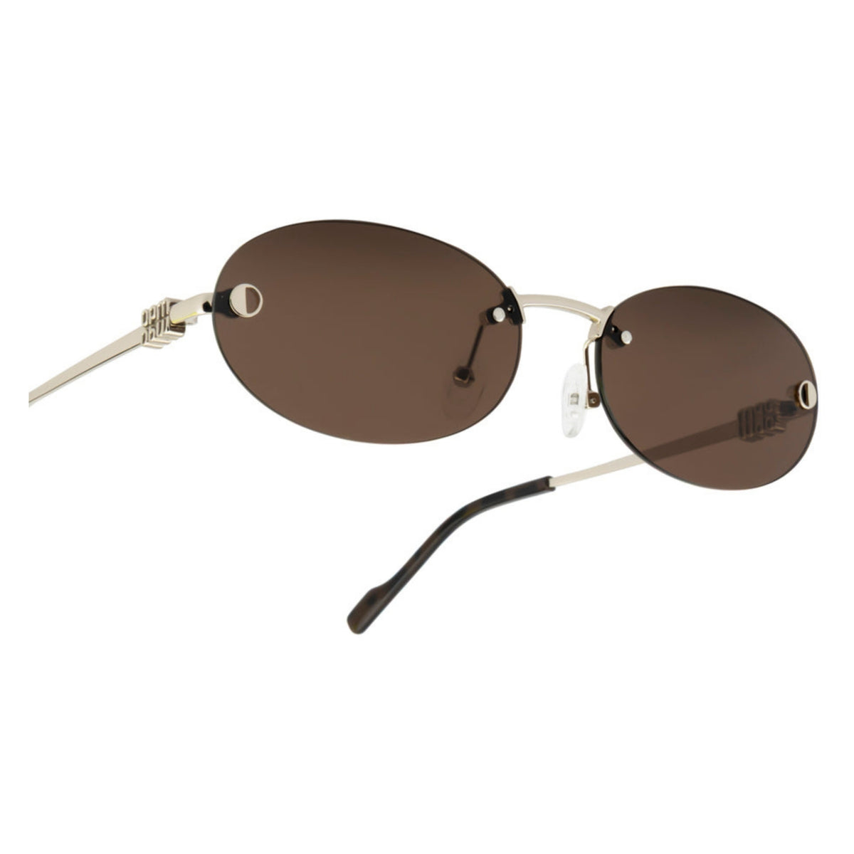 Close-up of the Opium logo on the temple of the OP10401 silver rimless sunglasses