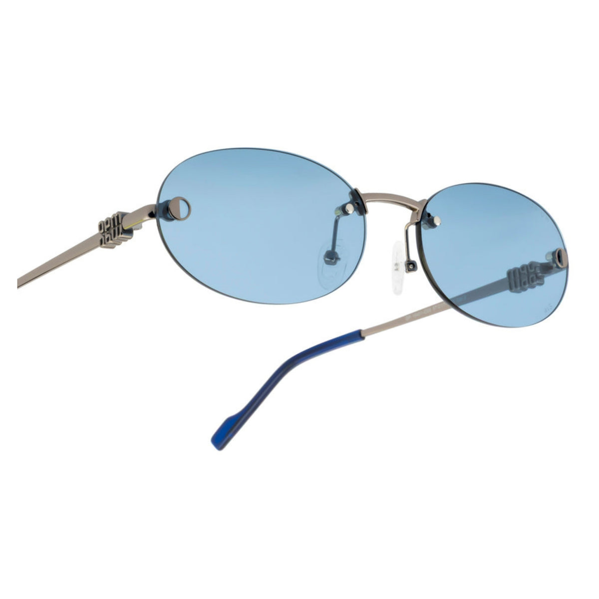 Close-up of the Opium logo on the temple of the OP10401 gunmetal rimless sunglasses