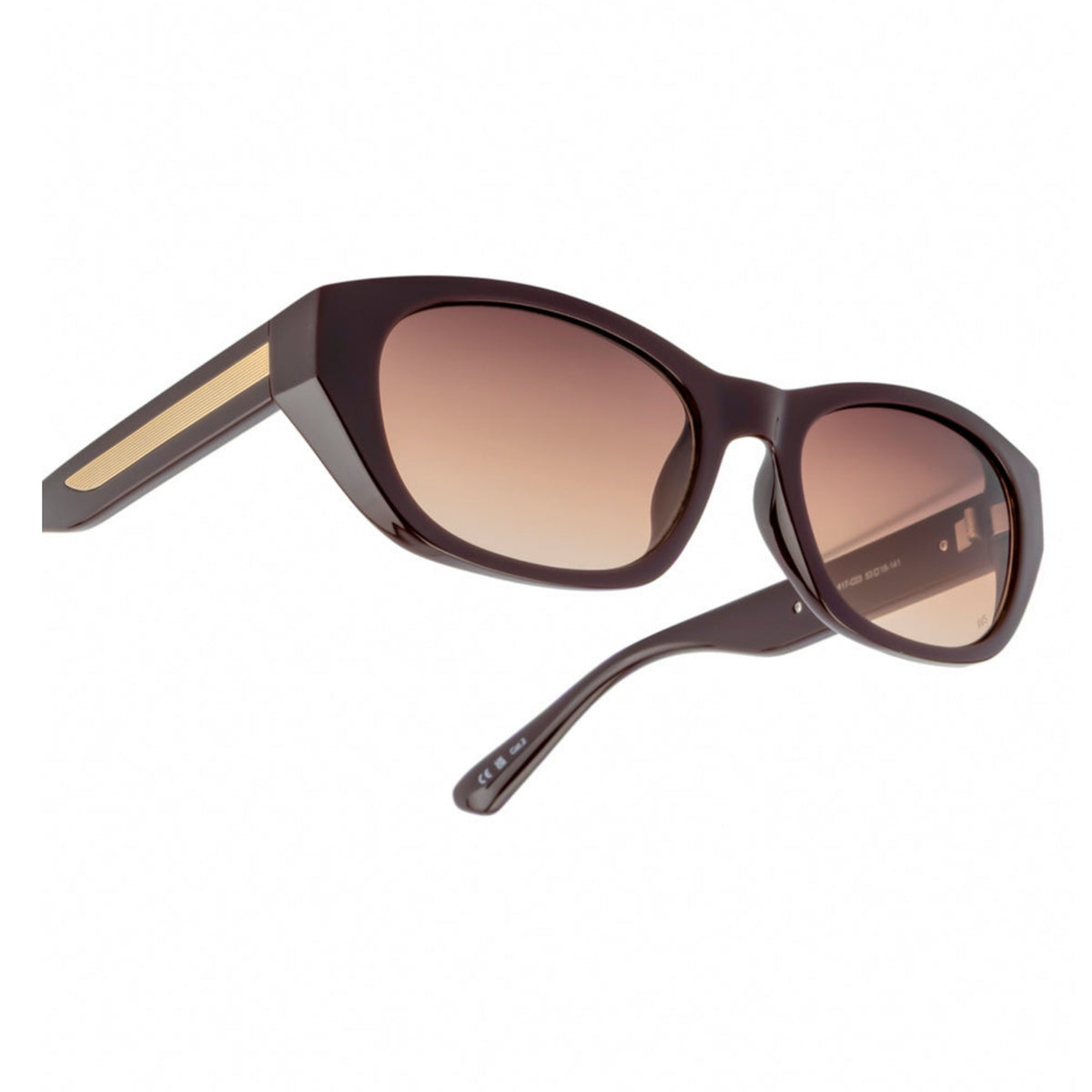 Close-up of the Opium logo on the temple of the OP10417 brown cat-eye sunglasses