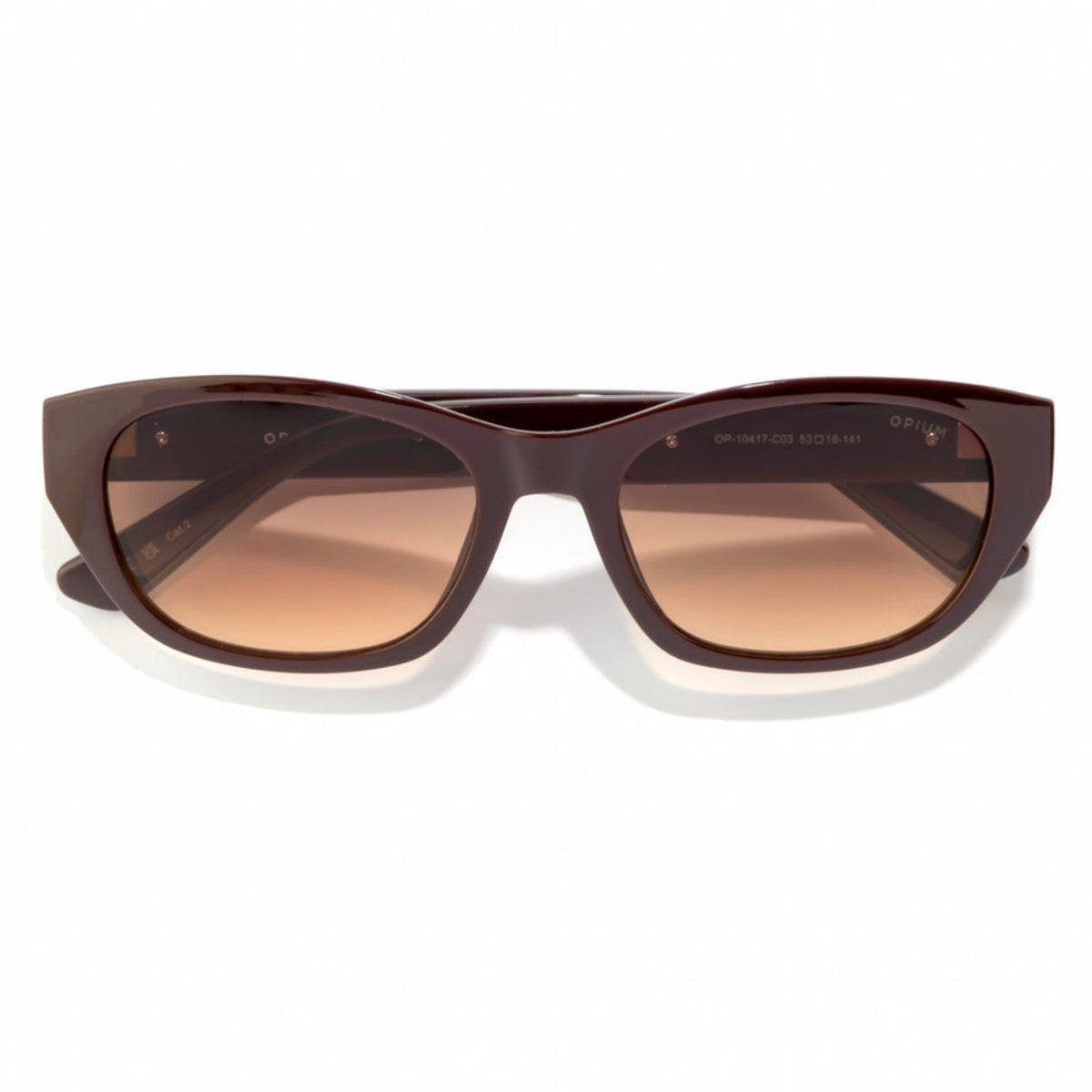 Opium OP10417 brown cat-eye sunglasses, front view with the temples folded