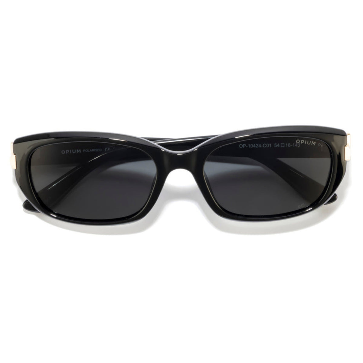 Opium OP10424 black cat-eye sunglasses, front view with the temples folded