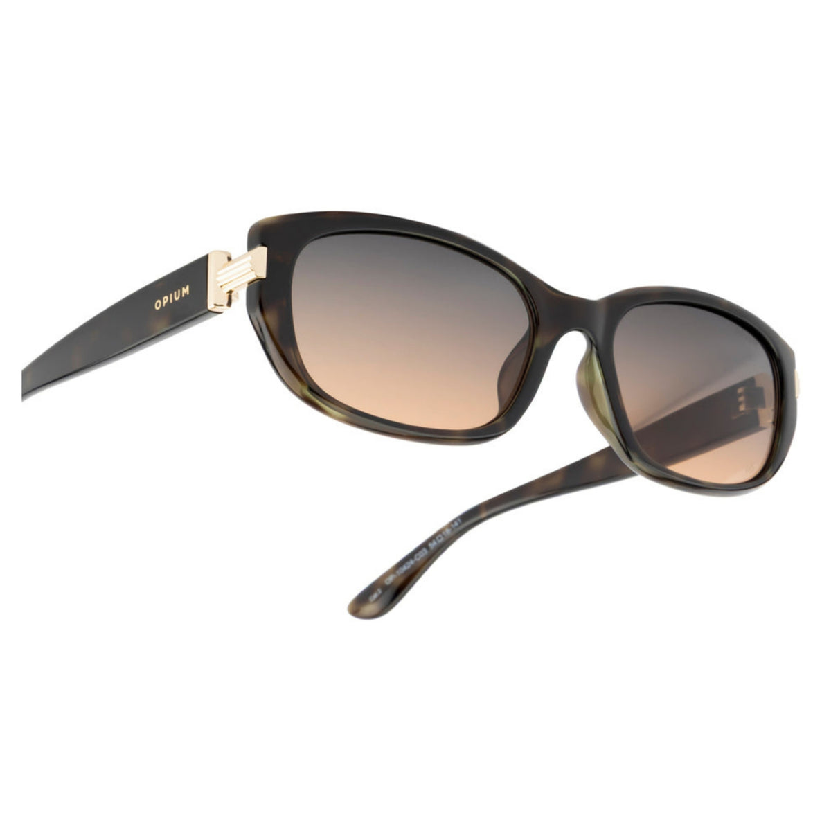 Close-up of the Opium logo on the temple of the OP10424 brown cat-eye sunglasses