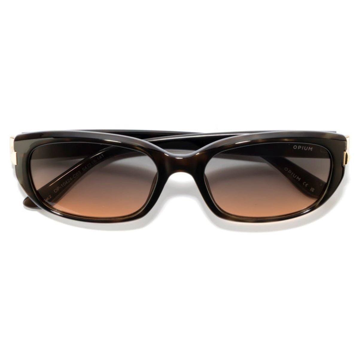 Opium OP10424 brown cat-eye sunglasses, front view with the temples folded