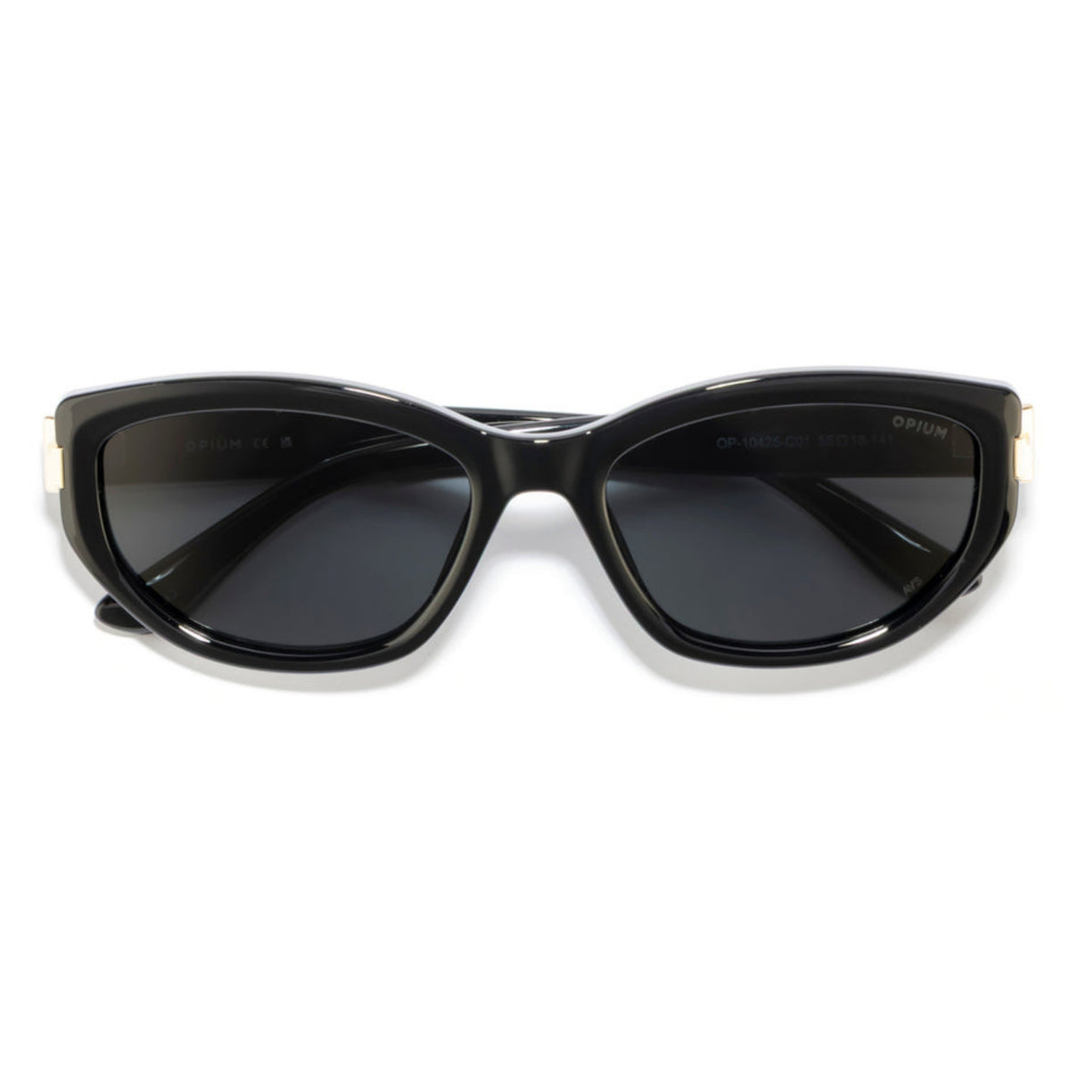 Opium OP10425 black cat-eye sunglasses, front view with the temples folded