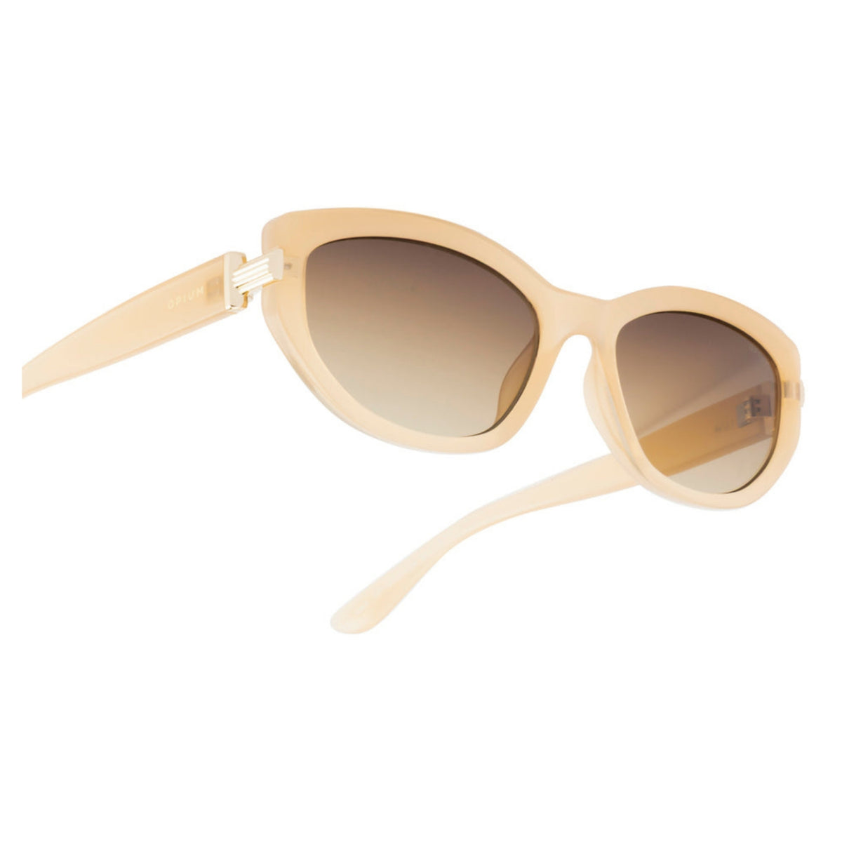 Close-up of the Opium logo on the temple of the OP10425 beige cat-eye sunglasses