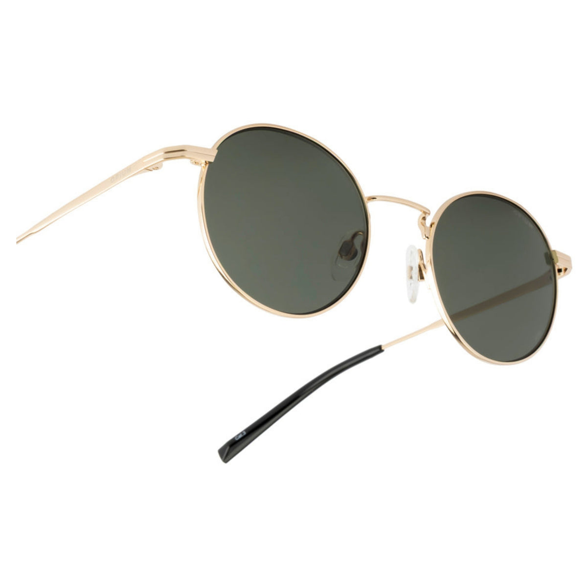 Close-up of the Opium logo on the temple of the OP10429 gold round sunglasses