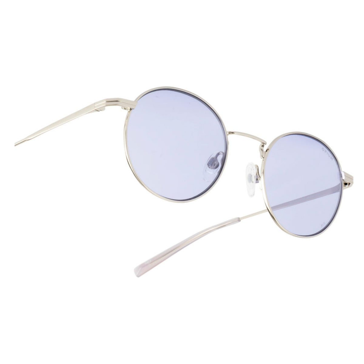 Close-up of the Opium logo on the temple of the OP10429 silver round sunglasses