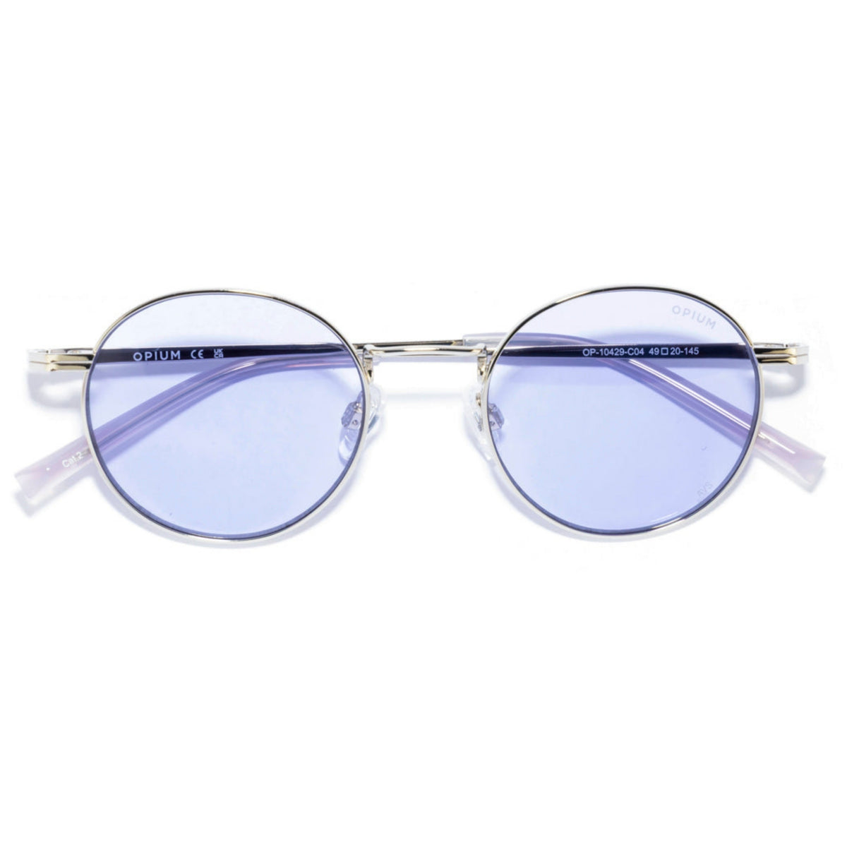 Opium OP10429 silver round sunglasses, front view with the temples folded