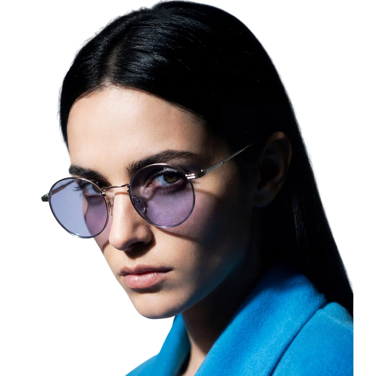 Woman wearing Opium OP10429 silver round sunglasses
