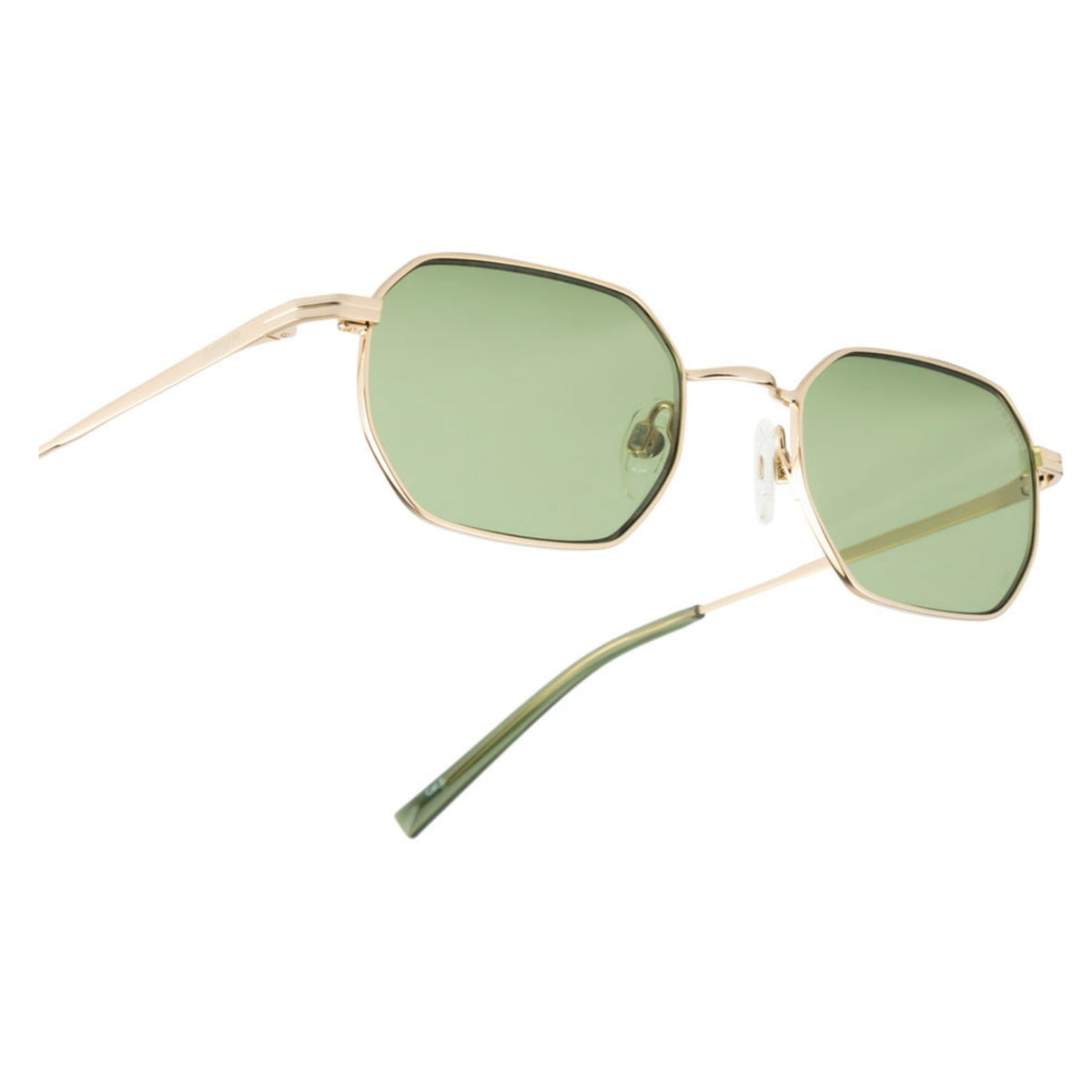 Close-up of the Opium logo on the temple of the OP10430 gold geometric sunglasses