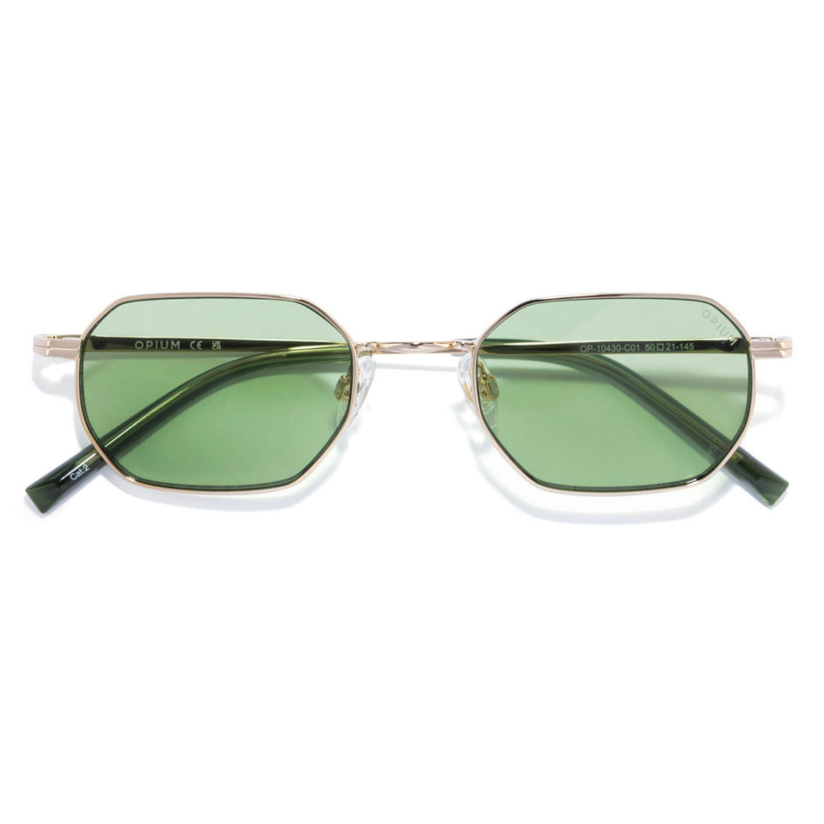Opium OP10430 gold geometric sunglasses, front view with the temples folded