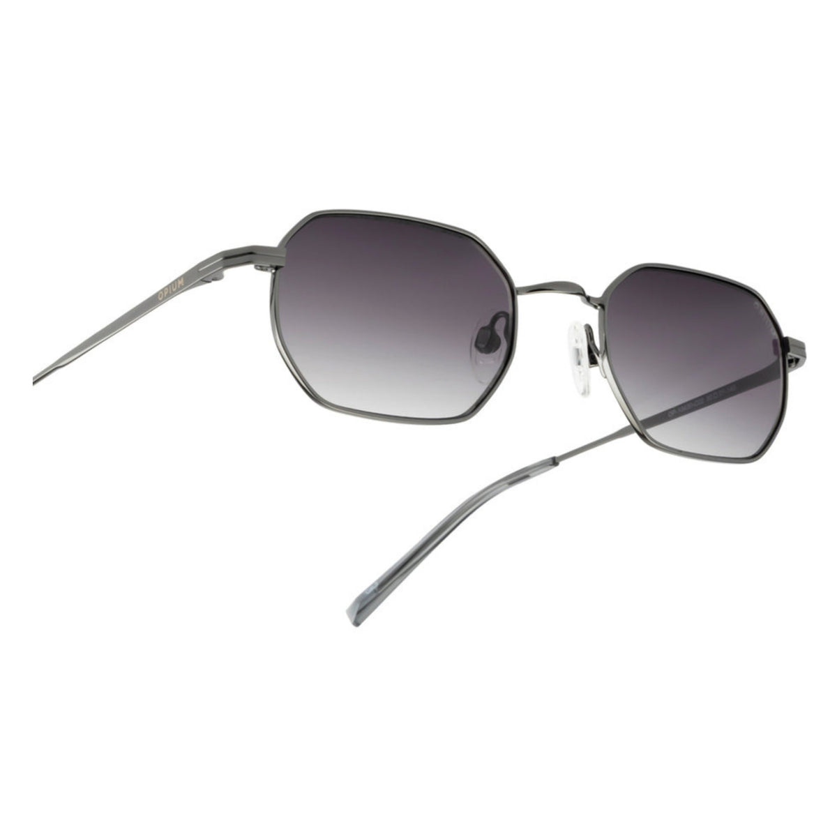 Close-up of the Opium logo on the temple of the OP10430 gunmetal geometric sunglasses