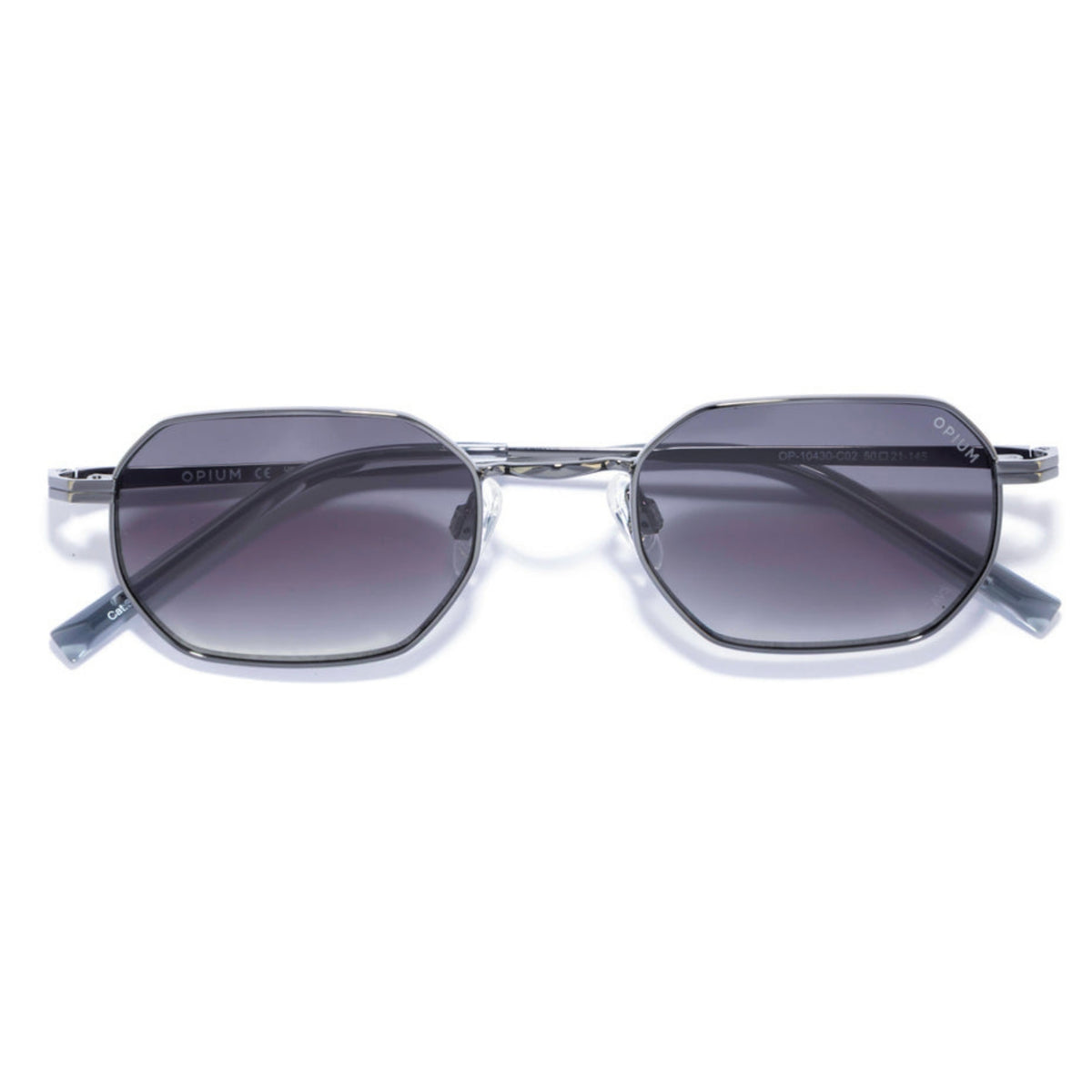 Opium OP10430 gunmetal geometric sunglasses, front view with the temples folded