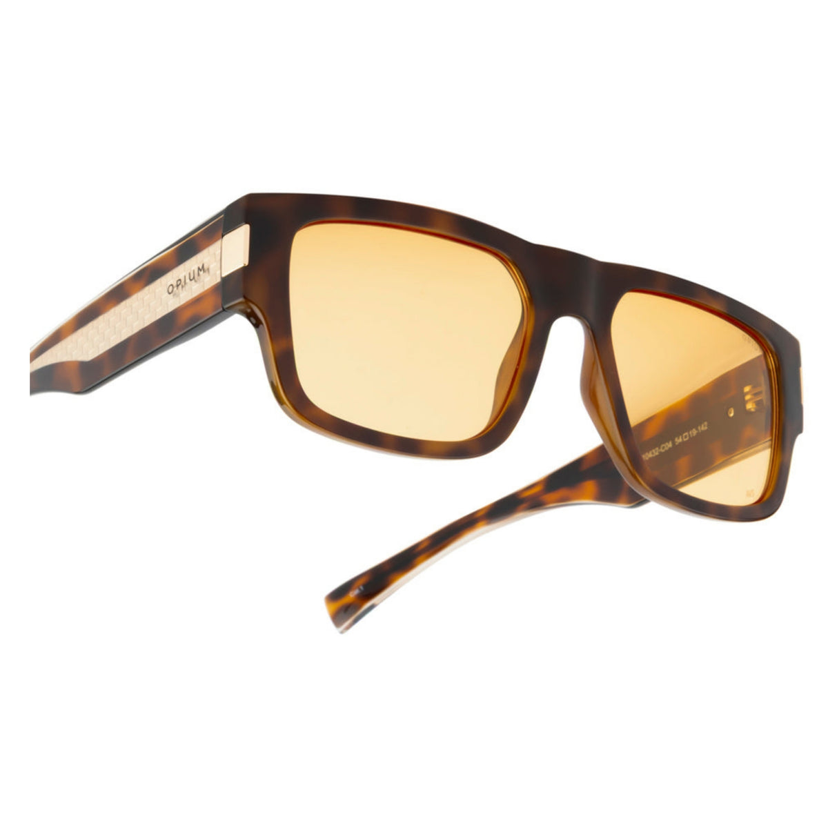 Close-up of the Opium logo on the temple of the OP10432 brown rectangle sunglasses