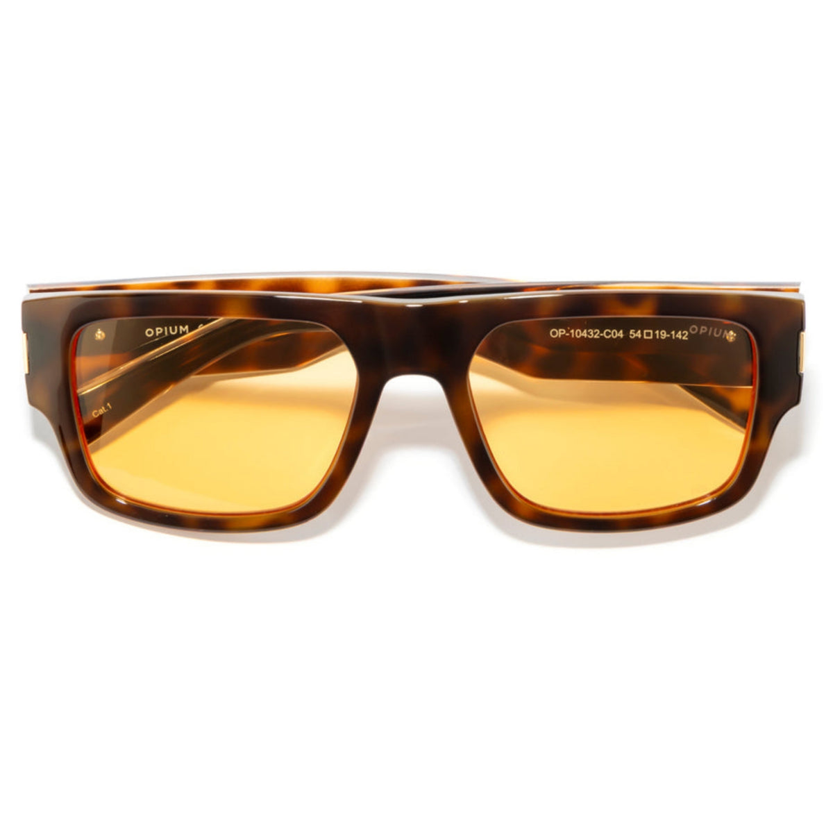 Opium OP10432 brown rectangle sunglasses, front view with the temples folded