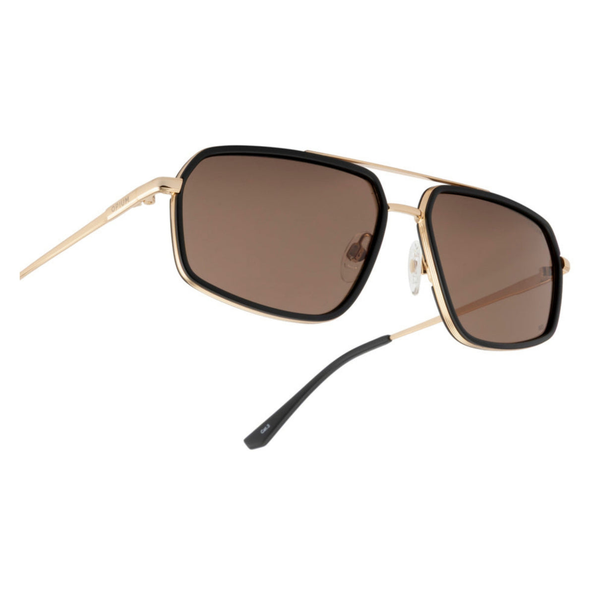 Close-up of the Opium logo on the temple of the OP10433 gold aviator sunglasses